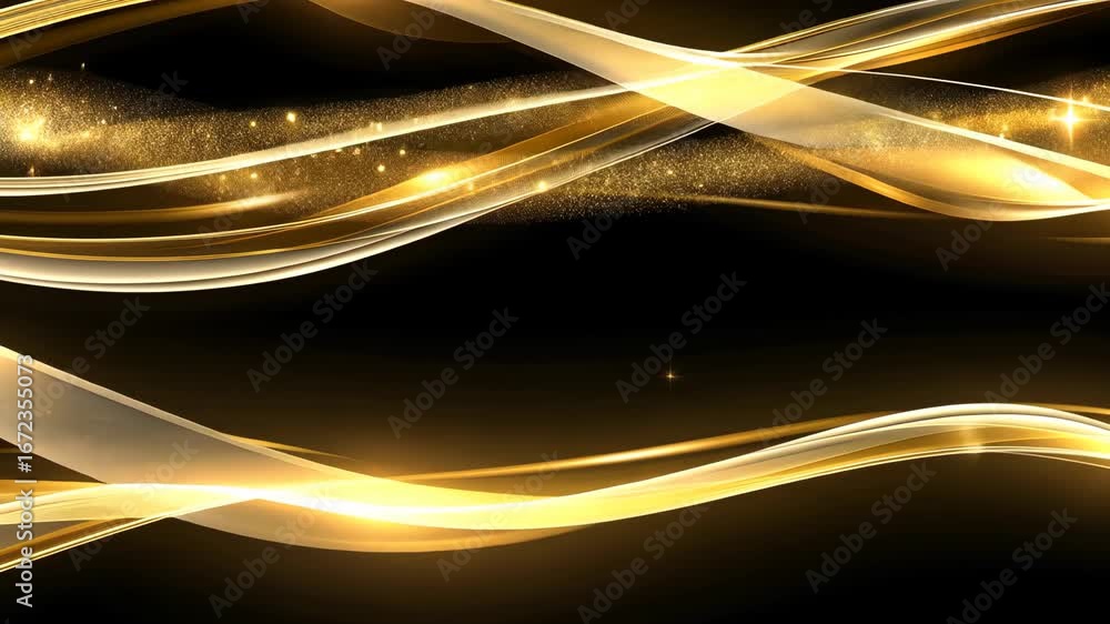 Poster dynamic golden waves flow elegantly, illuminating a dark background with enchanting sparkles and cre