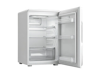 White mini fridge open, showcasing interior
