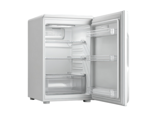 White mini fridge open, showcasing interior