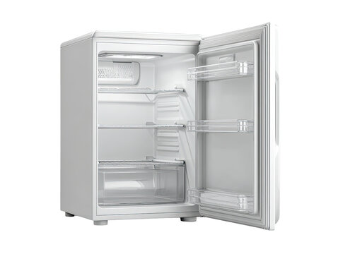 White mini fridge open, showcasing interior