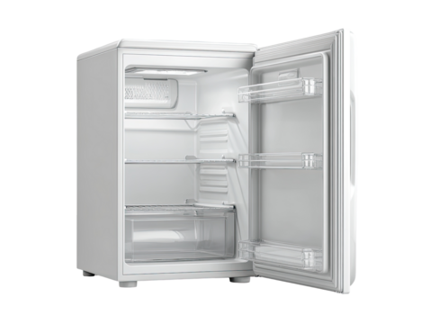 White mini fridge open, showcasing interior