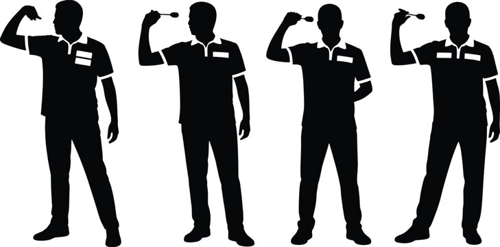 Four silhouette male figures playing darts posing with focus and determination winning game