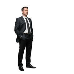Professional man in suit standing confidently with hands in pockets looking upward transparent background