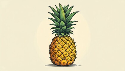 A detailed illustration of a vibrant pineapple, highlighted by its warm yellow tones and shaded green leaves, presented against a soft beige backdrop.