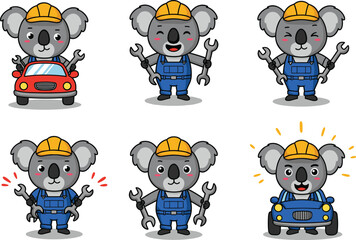 PrintCute Koala Car Mechanic Cartoon Character Set in Hard Hat with Tools, Wrench, and Vehicles – Vector Illustration Design