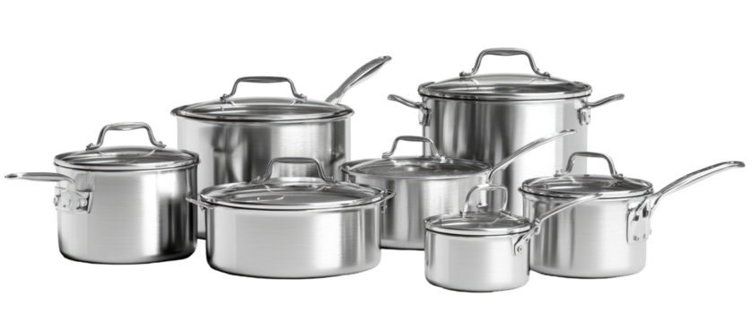 Stainless steel cookware set.  A variety of stainless steel pots and pans with lids,  various sizes, arranged in a group.  Handles are visible on each piece.