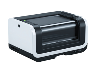 Modern, white and black flatbed document scanner.  Sleek, compact design with a visible document feed path