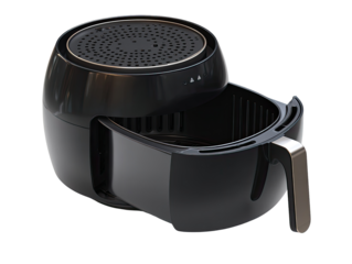 Modern, dark-colored air fryer open, revealing interior