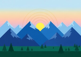 Geometric mountain landscape at dawn with rising sun minimalistic nature scene