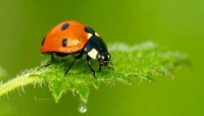 Fototapeta premium Close-up of a vibrant ladybug resting on a lush green leaf, showcasing its intricate patterns and natural beauty against a blurred backdrop.