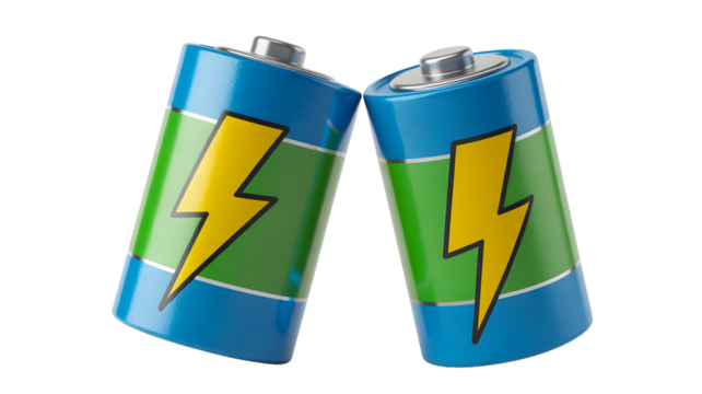 Two blue and green batteries with yellow lightning bolts clinking together in a celebratory manner - Powered by Adobe