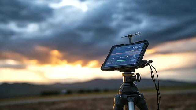 Meteorology Lab: Scene of Contemporary weather station setup featuring a tripod and wind vane in an open field. Data visualization, instrumentation and live metrics in a scientific meteorology lab