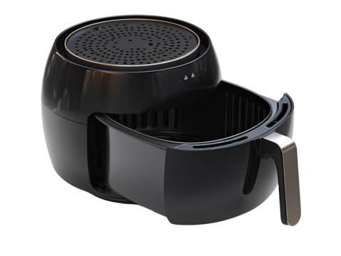 Modern, dark-colored air fryer open, revealing interior