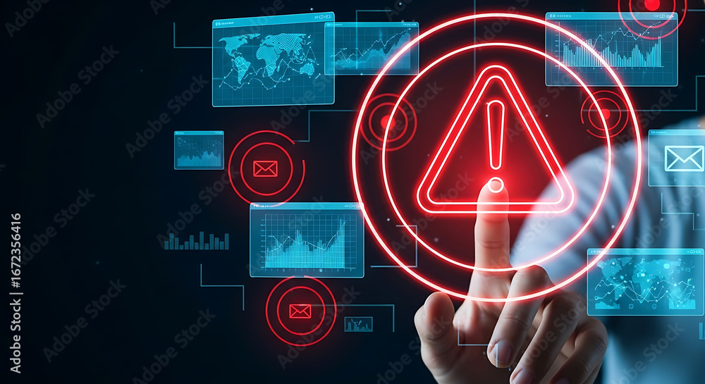 Aufkleber hand touching red warning sign surrounded by digital graphs and email icons on a dark background ai 