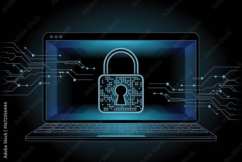 Poster laptop displaying digital padlock icon with circuit board connections on dark background computer te
