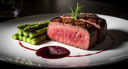 Perfectly seared steak, sliced and presented with asparagus, rosemary garnish, and a vibrant red wine reduction on a white plate.
