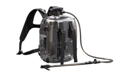 Clear backpack sprayer with black straps and hose