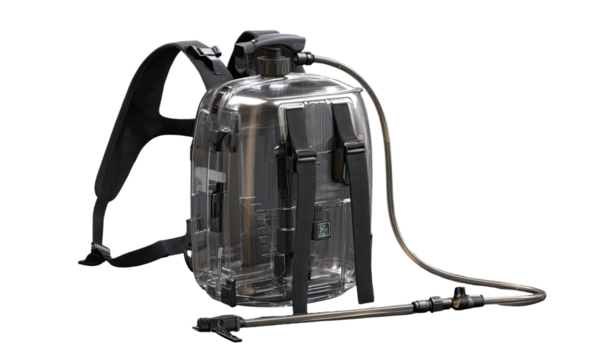 Clear backpack sprayer with black straps and hose