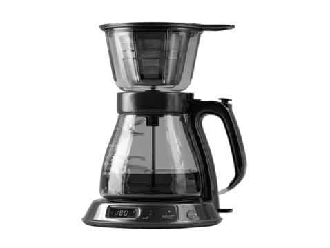 Modern drip coffee maker with clear glass carafe and filter