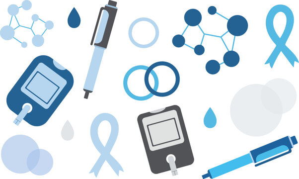 world diabetes day vector set with isolated glucose meters insulin pens blue ribbons and abstract molecular elements health support