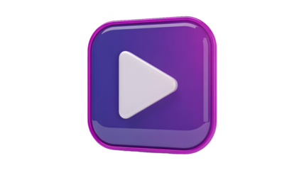 A glossy purple play button with a white triangle on a black background in a square frame