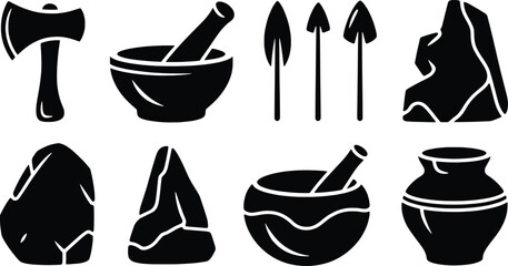 Primitive stone age tools and artifacts including axes mortars and pottery