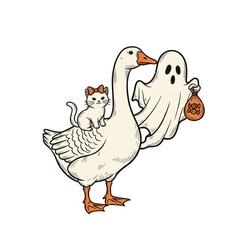 A whimsical illustration featuring a goose with a cat on its back and a friendly ghost holding a bag, combining elements of fun and fantasy.