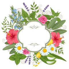 Herbal hair rinse jar label with chamomile, lavender, and hibiscus flowers © InArch Design Studio