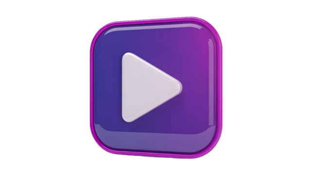A glossy purple play button with a white triangle on a black background in a square frame