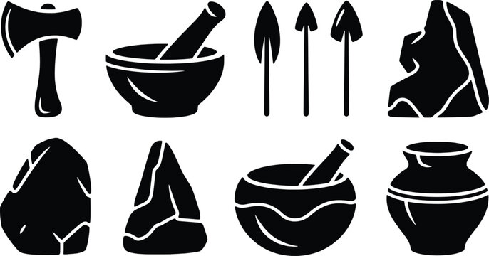 Primitive stone age tools and artifacts including axes mortars and pottery