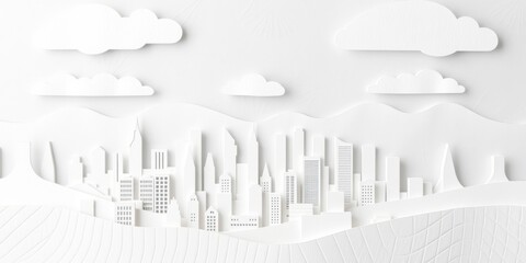 Fototapeta premium Minimalist paper cut city skyline with fluffy clouds against a backdrop of abstract mountains
