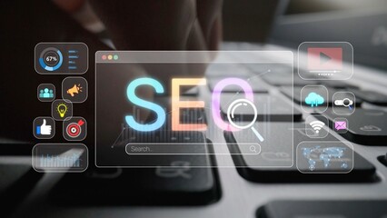 SEO concept for improving SEO visibility, with SEO related digital tools and SEO performance icons shown in an focused layout for strategic marketing. Muxer