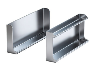 Two stainless steel, rectangular, trough-like components.  They appear to be sections of a larger channel or gutter system.  Image is a 3D render, showing a mirrored pair
