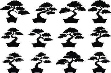 Fototapeta premium Collection of Black Bonsai Tree Silhouettes in Various Pots, Vector Clipart for Zen Garden, Minimalist Design, Japanese Nature, and Home Decor Art