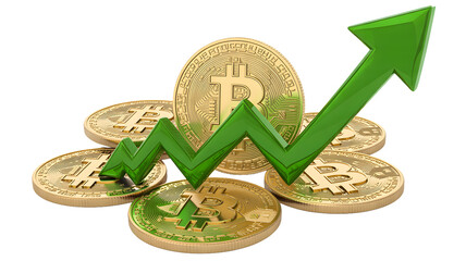 A green arrow pointing upwards on top of a pile of golden bitcoin cryptocurrency coins on black background
