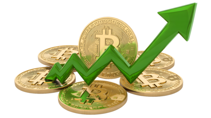 A green arrow pointing upwards on top of a pile of golden bitcoin cryptocurrency coins on black background