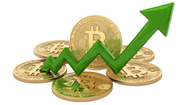 A green arrow pointing upwards on top of a pile of golden bitcoin cryptocurrency coins on black background