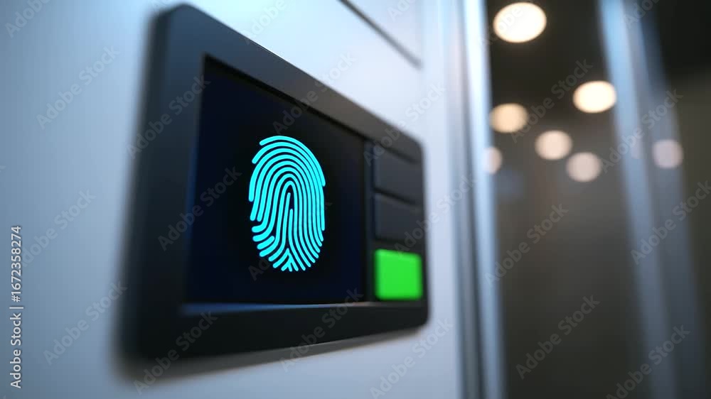 Poster smart locker system: scene of futuristic smart locker system featuring advanced fingerprint authenti