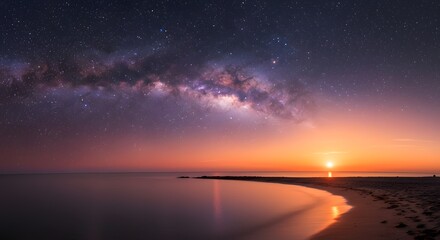 Milky Way Galaxy Over Serene Coastal Sunset: A Breathtaking Night Sky Landscape
