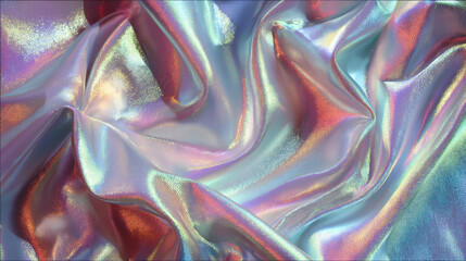 Artistic collage made of shimmering iridescent fabric with a holographic effect, ideal as a banner, backdrop, or texture for 3D projection