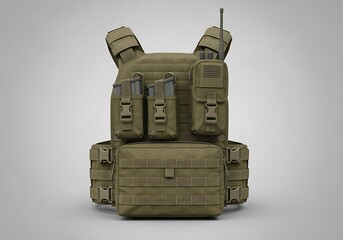 Isolated military tactical vest equipped with pouches and radio communication set for combat operations and field use