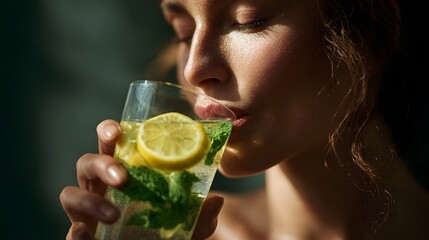 Fototapeta premium Woman drinking refreshing detox water with lemon and mint