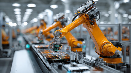 Bright industrial factory with an orange robotic arm assembling solar panels on an automated production line