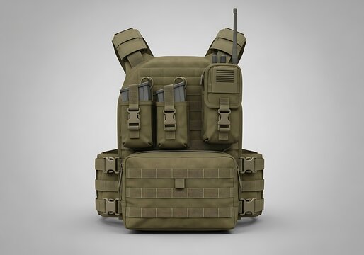 Isolated military tactical vest equipped with pouches and radio communication set for combat operations and field use