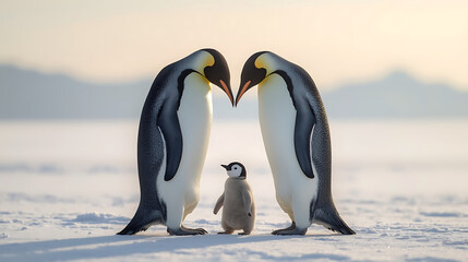 Obraz premium Emperor Penguin Parents with Chick in Snowy Antarctic Landscape Showing Tender Family Bond