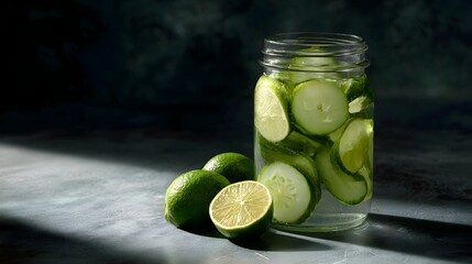 Cucumber and lime infused water in a glass jar