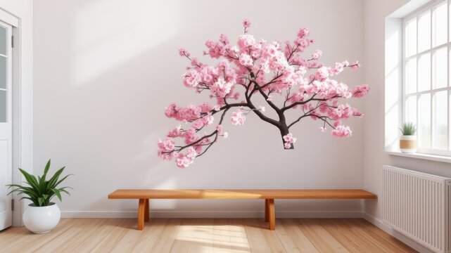 A beautiful pink cherry blossom tree decal adorns a white wall above a wooden bench in a bright room