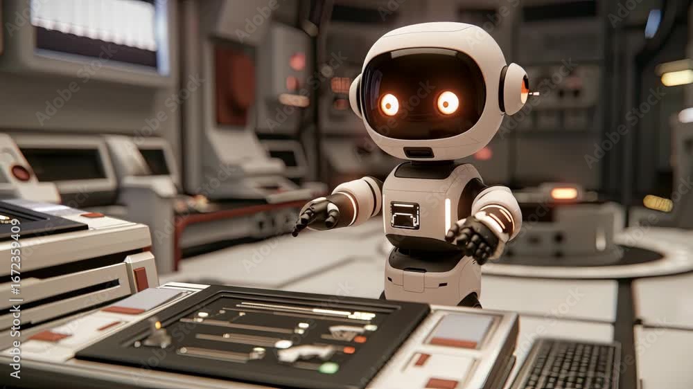 Aufkleber a small robot showcases its skills as it navigates a high-tech environment full of advanced tools an