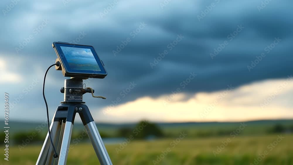 Poster meteorology lab: scene of cutting-edge weather monitoring setup featuring a tripod-mounted tablet in