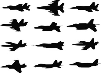 Military Fighter Jet Silhouettes Top View Vector Icons – Warplane Aircraft Collection for Aviation, Combat, Airforce, Defense, and Army Design